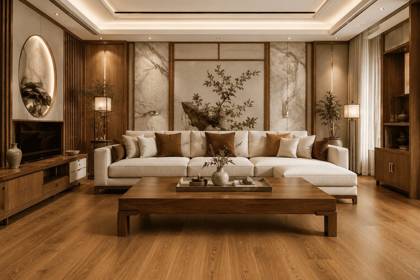 Phòng khách sàn gỗ cao cấp