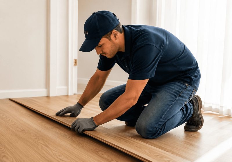 Nhân viên khảo sát và thi công sàn gỗ tại nhà